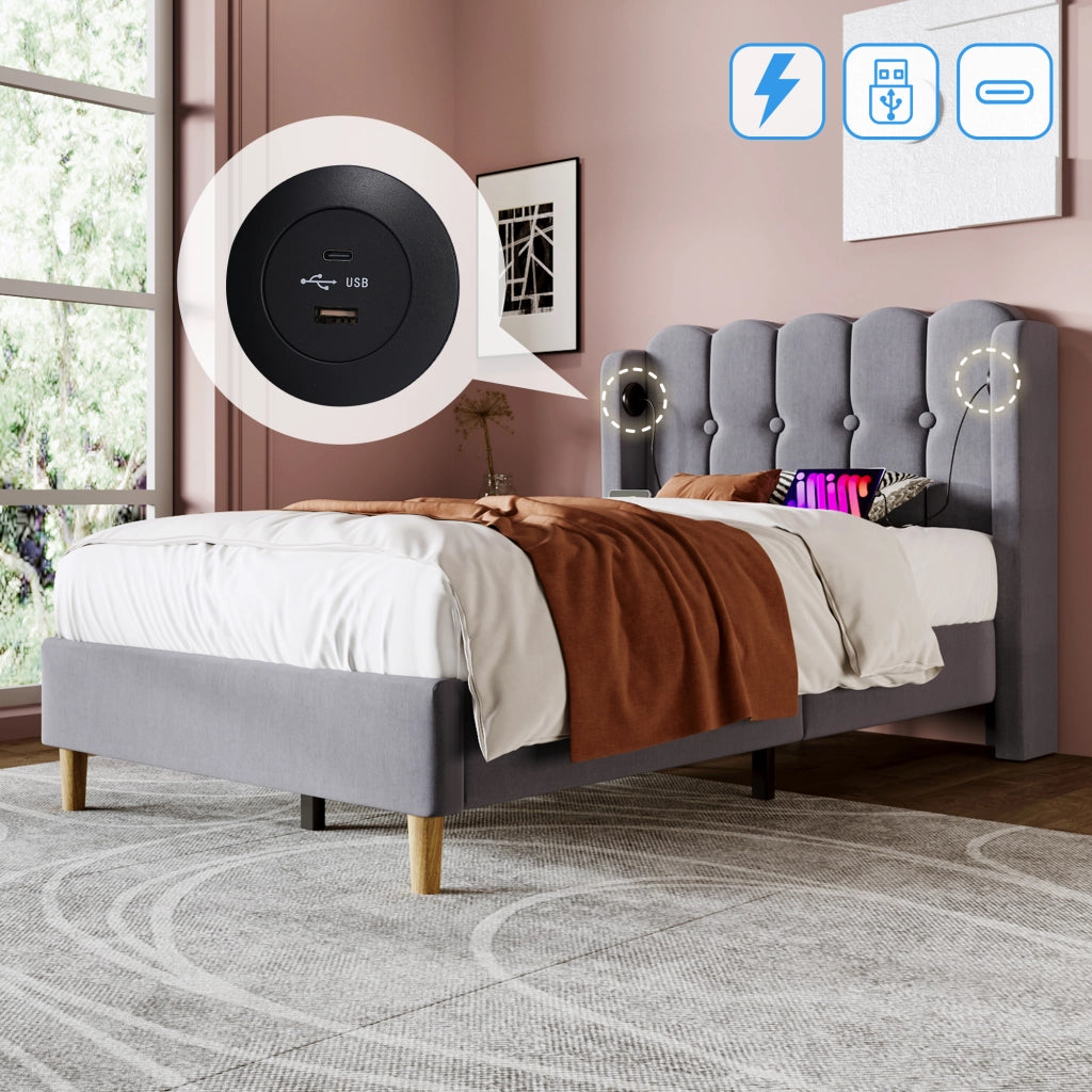 LETTO Imbottito 90x200 cm Grigio in lino con USB e USB-C