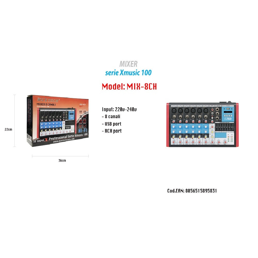 Trade Shop - Mixer Audio 8 Canali Equalizzatore 4mic Xlr Phantom +48v Usb Mp3 Display Maxtech Mix-8ch -
