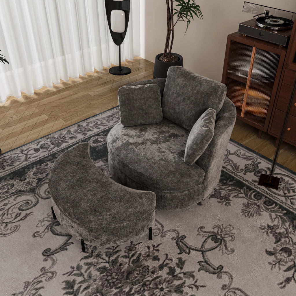 Poltrona XXL con Pouf a Luna ¨C Xylo ¨C Grigio, Tessuto Chenille, Cuscini