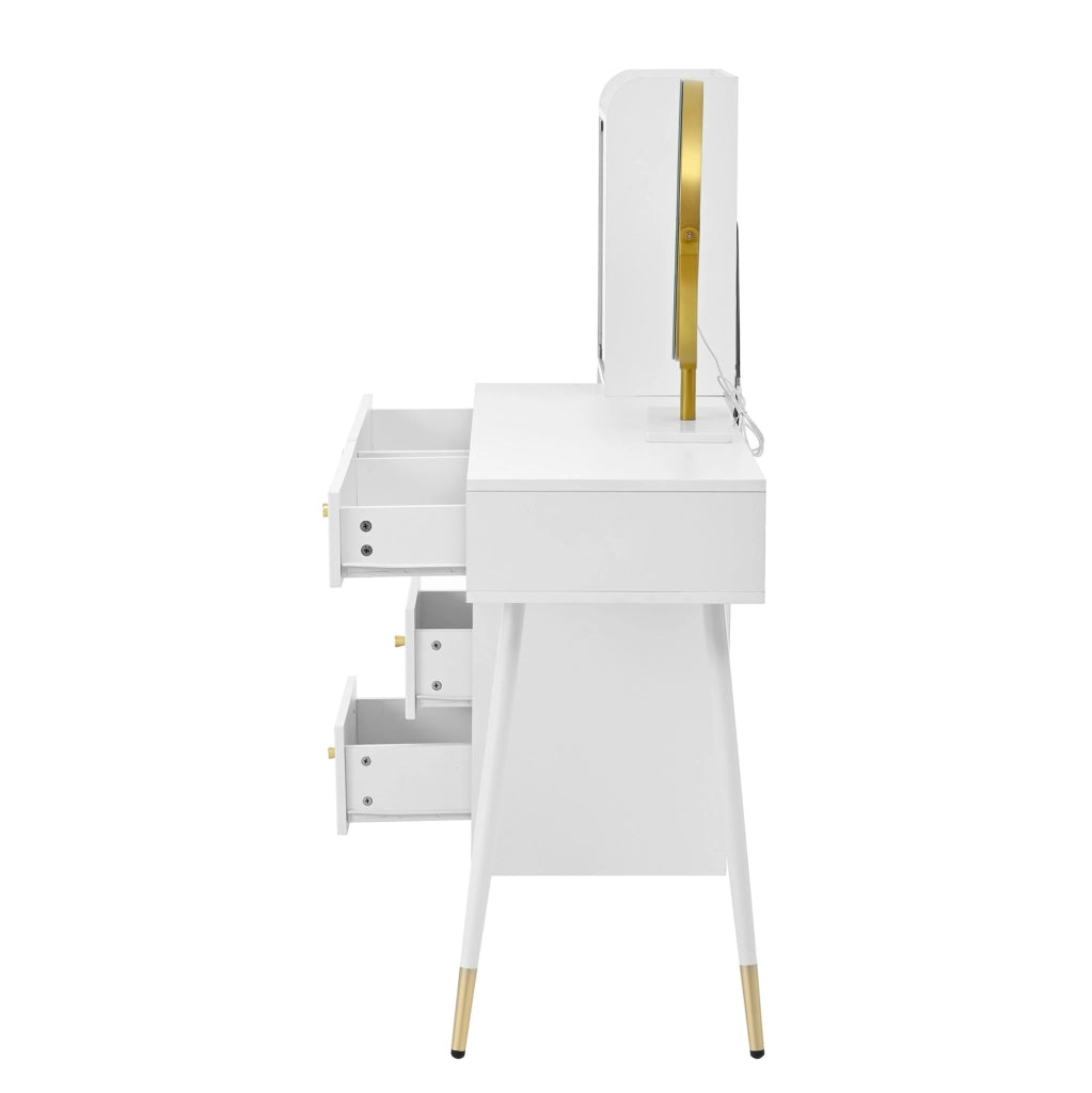Tavolo da trucco 100x40x125 cm con specchio LED a tre colori; 4 cassetti; pannello truciolare bianco