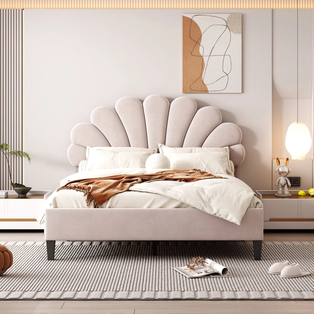 Letto imbottito in velluto con testiera a fiore e doghe; beige; 140x200 cm; senza materasso