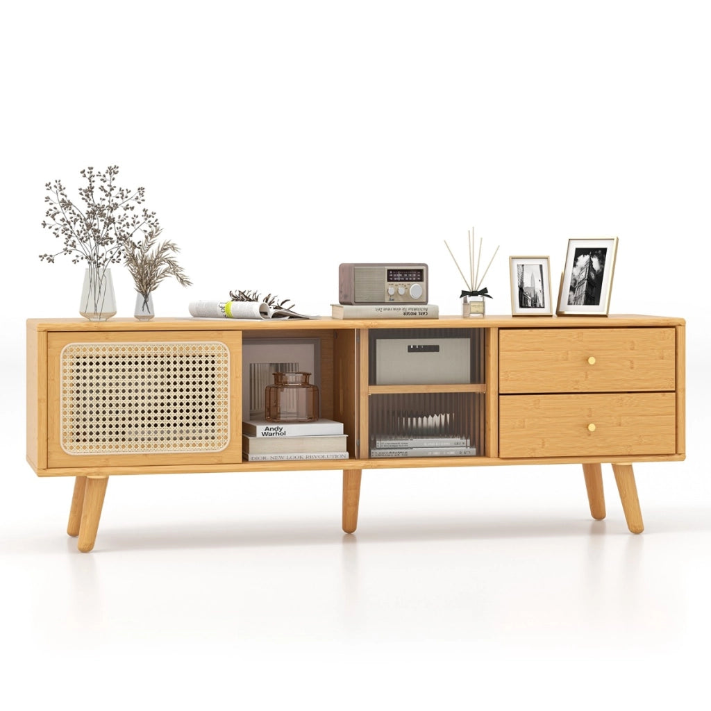 Mobile in Bamb¨´ per TV fino a 65 Pollici con porte in vetro e rattan, Tavolino per TV con 2 cassetti Naturale