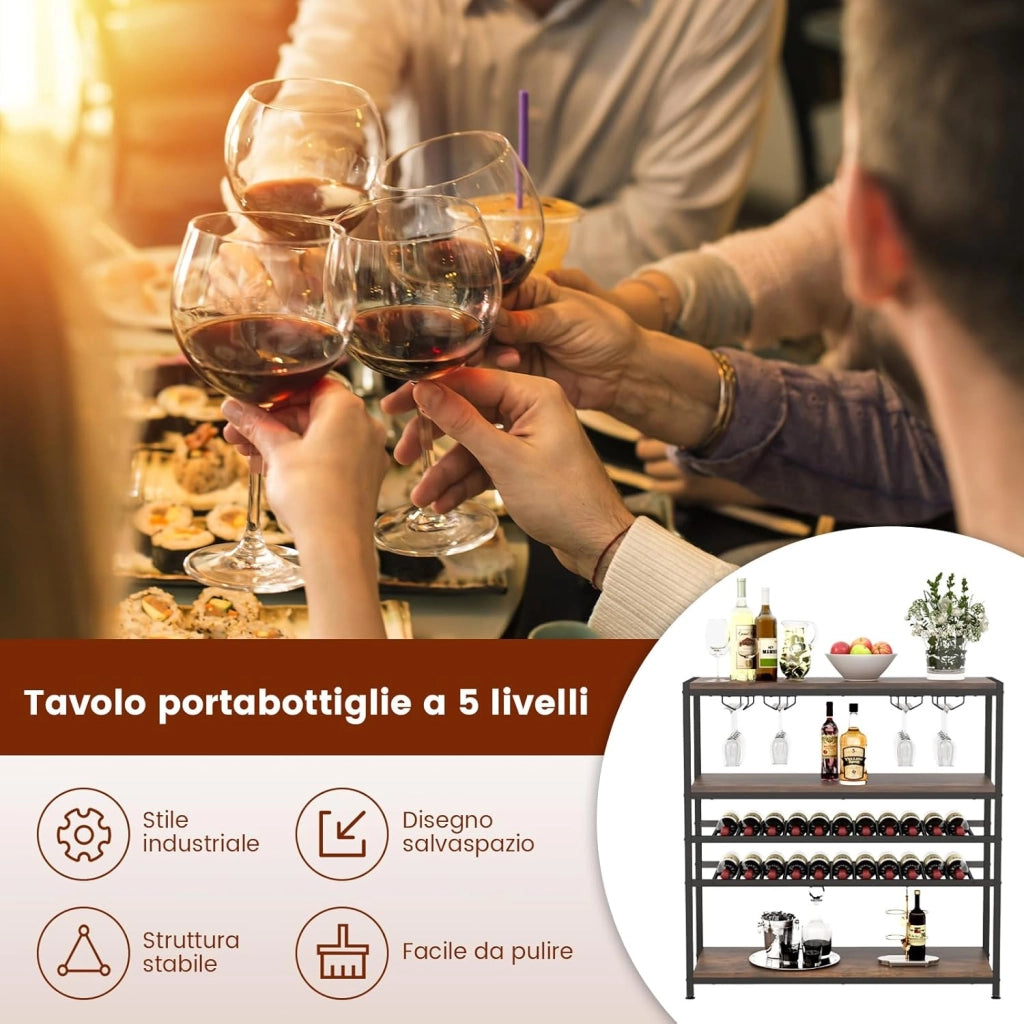 Mobile Portabottiglie a 5 Livelli, Portabottiglie per Vino da Terra con 2 Ripiani Porta Vini, 4 Porta Calici Piano Spazioso e Ripiani Aperti, per Cantine, Sala da pranzo, Cucina