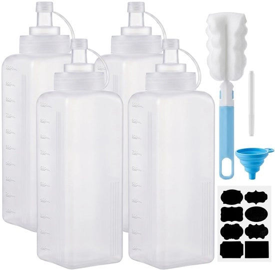 Bottiglie a spray 1000ml - plastica - bottiglie a spray a 5 facce - bottiglie a dosaggio - 4 pezzi - qualità alimentare - bottiglie a spray per salse