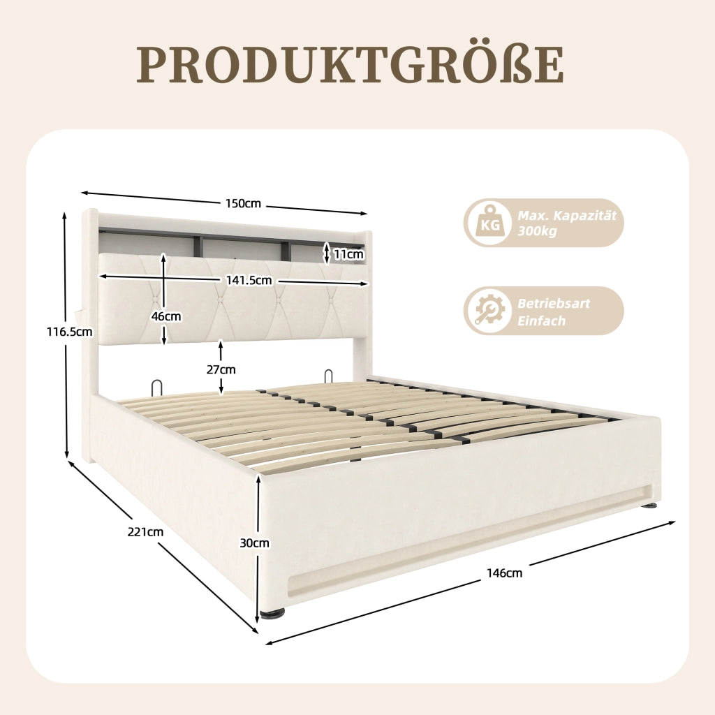 Letto Contenitore 140x200 cm con LED; USB e Type-C; Beige in Velluto