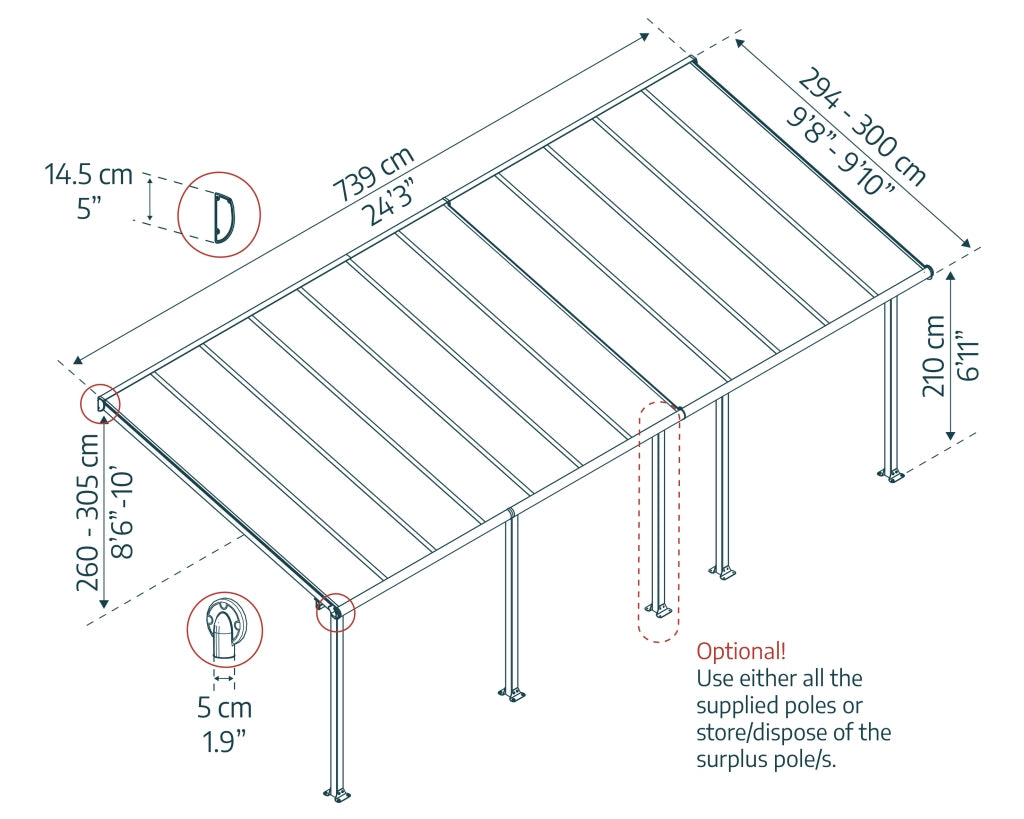 Pergola Addossata in Alluminio Olympia 3X7.4 m Bianco
