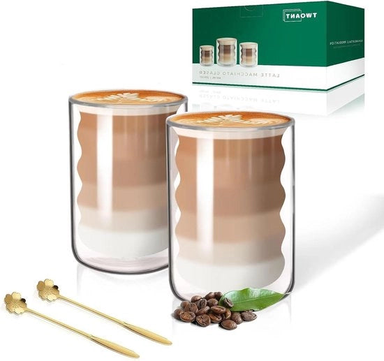 Set di bicchieri da latte macchiato da 400 ml - bicchieri a doppia parete per caffè e tè con cucchiai Bicchieri da cappuccino