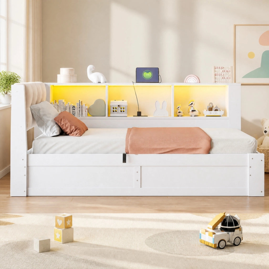 LETTO Contenitore laterale 90x200 cm Bianco con USB e LED