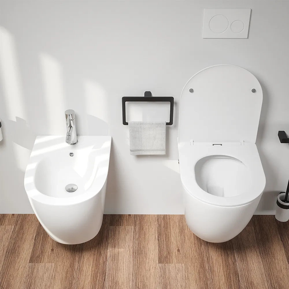 Coppia di sanitari sospesi in ceramica bianco lucido vaso rimless con copriwc soft-close e bidet | Europa Small