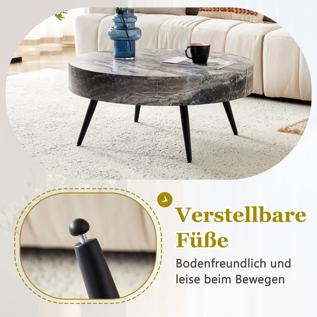 Tavolino rotondo da caff¨¨ con diametro di 70 cm in MDF effetto marmo grigio e gambe in metallo nero. Design minimalista, ideale per soggiorni e piccol