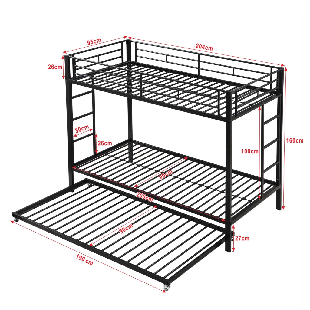 Letto a castello in metallo con letto estraibile; sponde alte e doghe; certificato EN747; nero; 90x200 cm