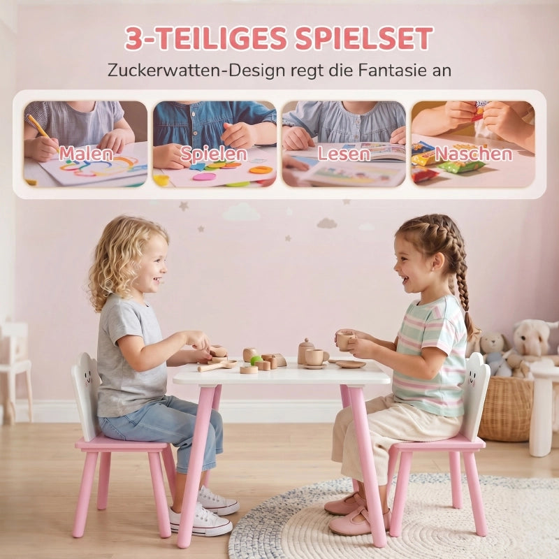 Set tavolo e sedie per bambini, 3 pezzi, 1 tavolo, 2 sedie, rosa e bianco