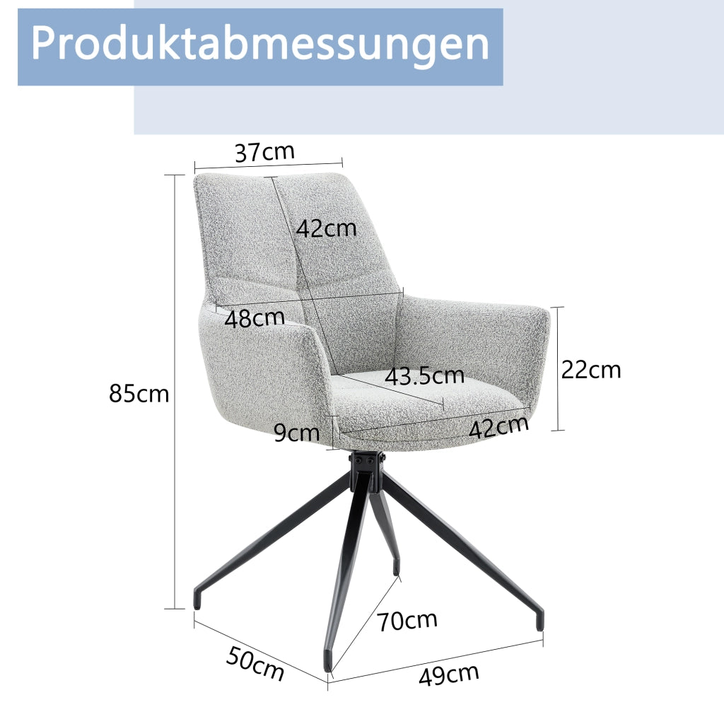 Chaise da pranzo girevole a 360° con braccioli e imbottitura in schiuma, in tessuto grigio chiaro e metallo nero
