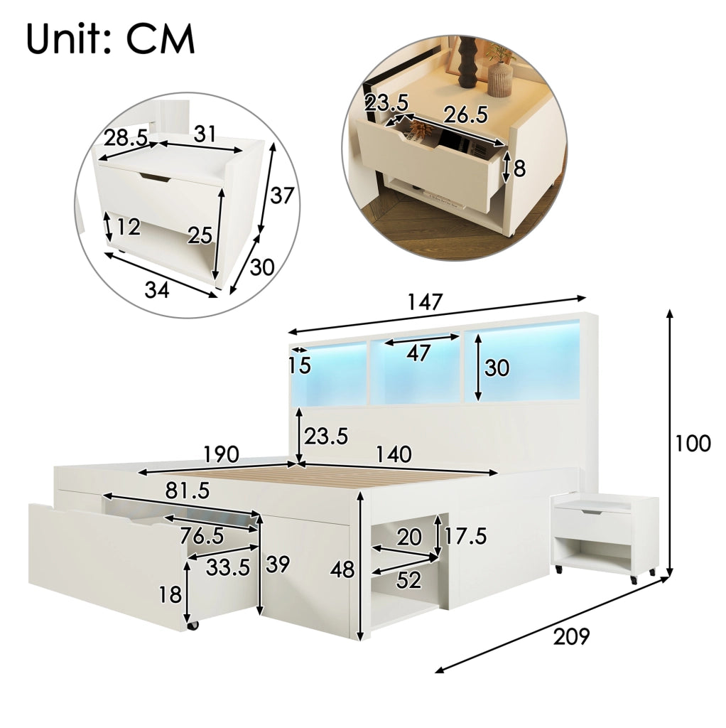 Letto matrimoniale 140x190 cm in legno bianco con LED; USB e 2 comodini mobili