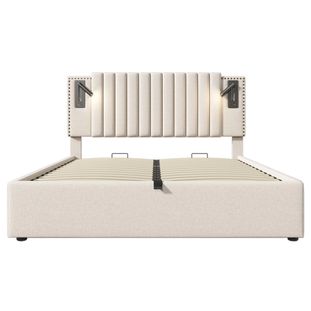 Letto Imbottito Contenitore 160x200 con Materasso ¨C Xylo ¨C Beige, Testiera LED USB, Similpelle