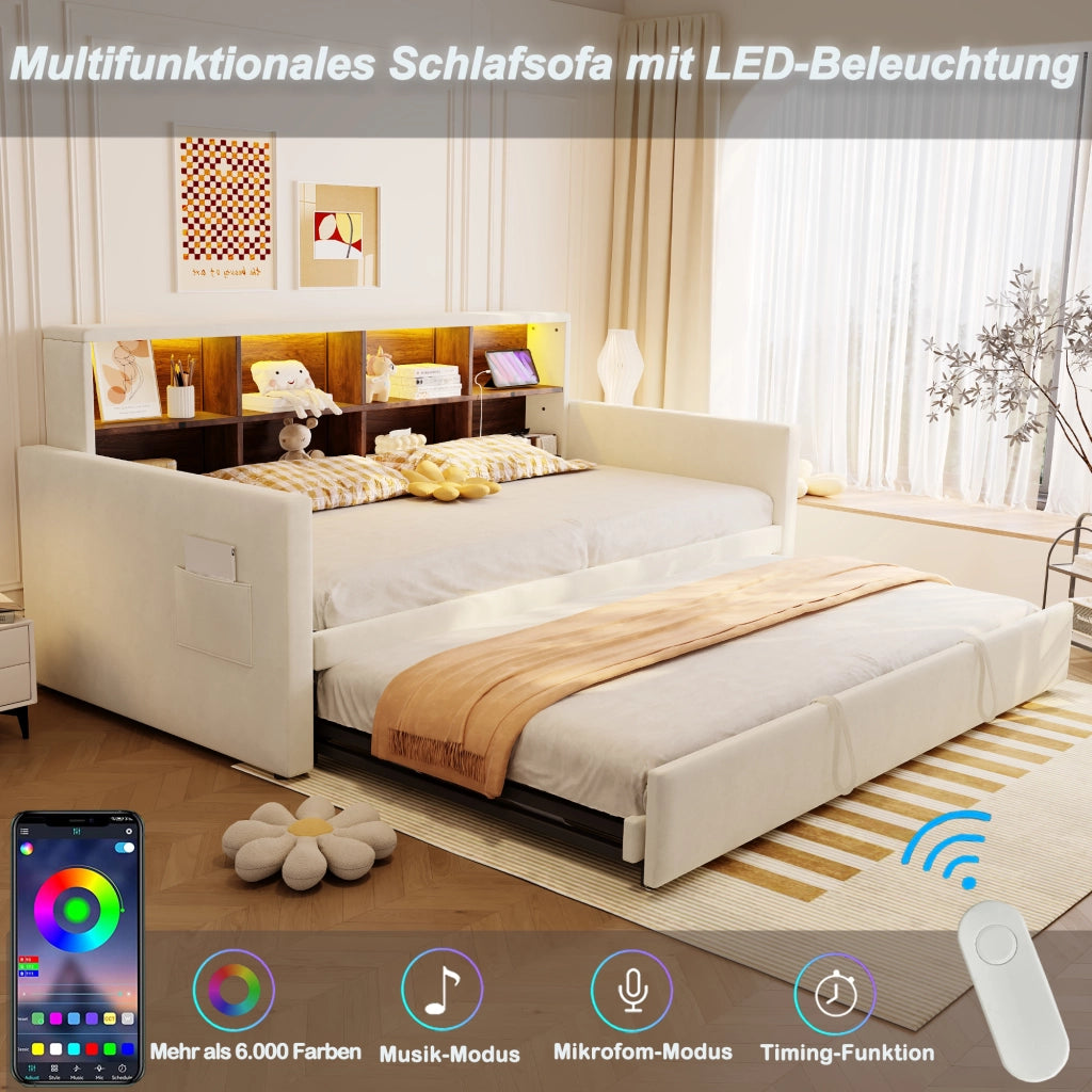 Letto Estraibile 90×190 cm Singolo con LED; USB-C e Ripiani; Estensibile 180×190 cm; senza Materasso; Beige
