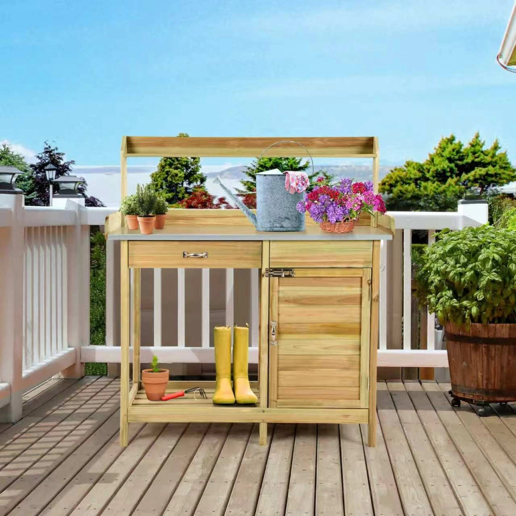 Tavolo da giardinaggio materiale ligneo, Armadietto con 3 ganci perfetto per esterni e giardini Naturale