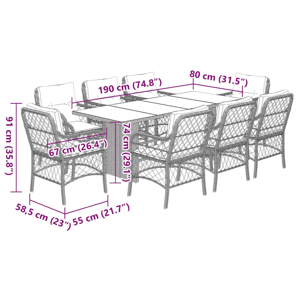 Set da Pranzo da Giardino 9 pz con Cuscini Nero in Polyrattan 3212055