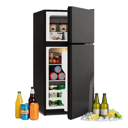 Mini frigorifero con congelatore; indipendente; volume totale 60L; congelatore da 22L; porta in vetro; illuminazione LED; basso rumore; scaffali rimovibili in vetro; nero