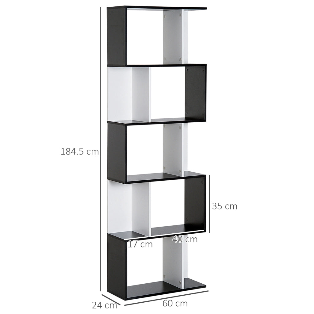 Mobile Libreria in Legno a 5 Ripiani con Divisorio. 60x24x184.5 cm. Bianco e Nero