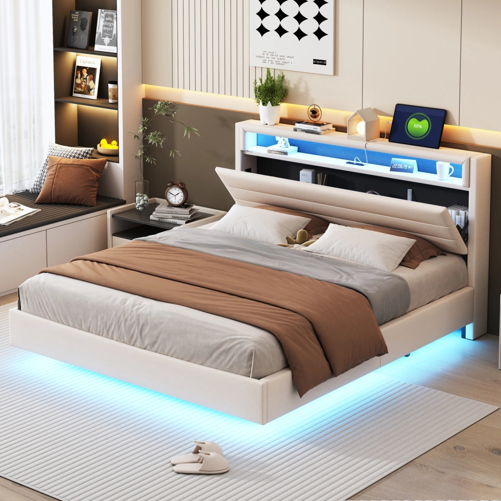 DESMIU Letto matrimoniale 160 × 200 cm con USB, LED regolabile, testiera reversibile e vano, senza materasso, beige