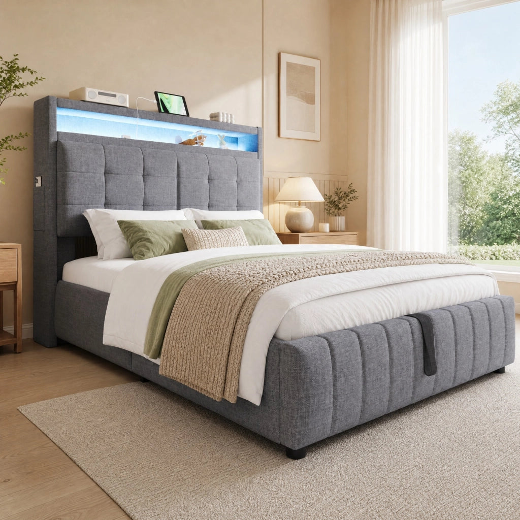 LETTO Imbottito 140x200 cm Grigio in Lino con LED, USB e contenitore