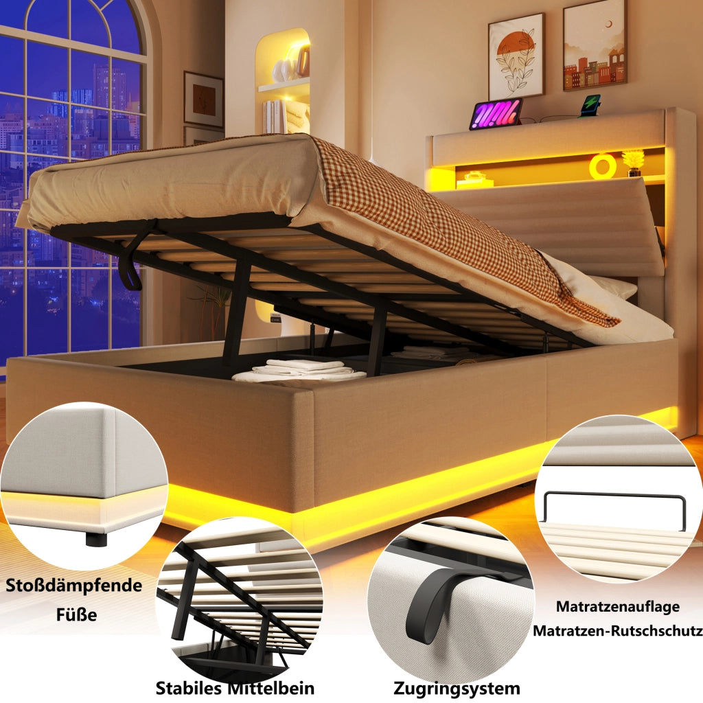 LETTO Contenitore 90x200 cm in lino beige con LED e USB Type-C