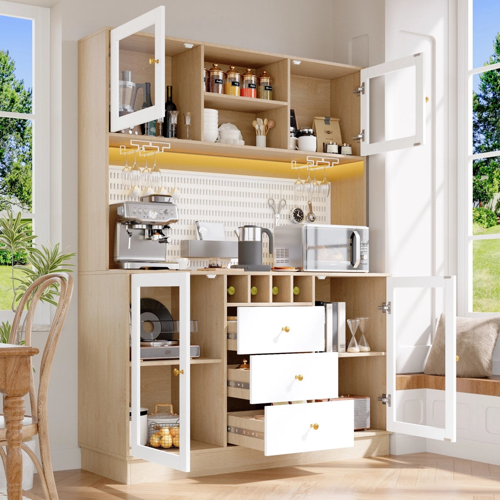 Credenza alta da cucina con cassetto; portabottiglie; portabicchieri; ripiani regolabili e LED per cucina in MDF e vetro 140x40x185;7 cm Bianco
