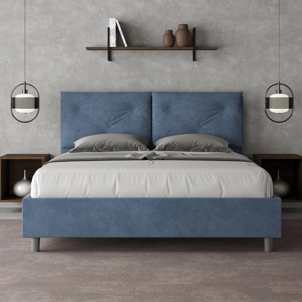 BS COM Letto matrimoniale contenitore imbottito 160x200 microfibra blu