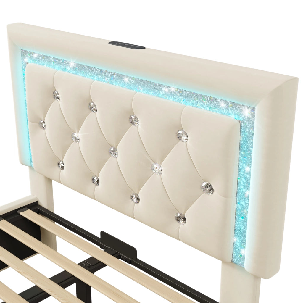LETTO imbottito 90x200 cm in velluto beige con LED, USB e contenitore