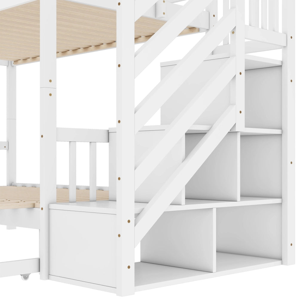 OKWISH Letto a Castello 90×200 cm e 180×200 cm, Letto 3 Posti con Letto Estraibile, 2 Cassetti e Ripiani, senza Materasso, Bianco