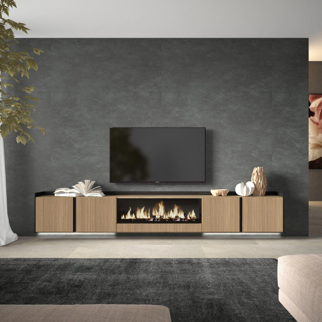 Mobile TV Soggiorno, 315x50x35 cm, Per TV fino a 80", Camino elettrico XXL, Sospeso, da appendere, Led, Rovere e nero