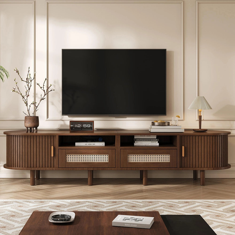 Mobile TV Ovale 170x40x40cm - Xylo - 2 Cassetti in Vimini, 2 Ante Scorrevoli, Noce