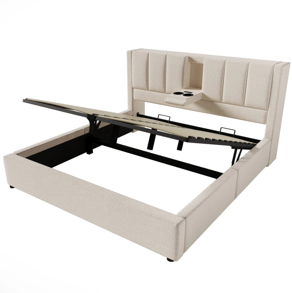 Letto matrimoniale imbottito 160x200 cm con contenitore, presa USB e portabicchieri