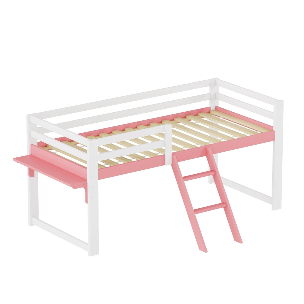 Letto a soppalco per bambini 90x200 cm in legno massello di pino, letto per bambini con sistema anticaduta, scaletta fissa e tavolino contenitore, ret
