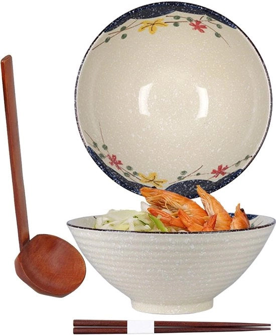 Bowl in Ceramica Giapponese con Cucchiaio e Spiedini da Cibo - 1200 ml - Stile Vintage per Muesli e Frutta di Mare - Servizio Asiatico
