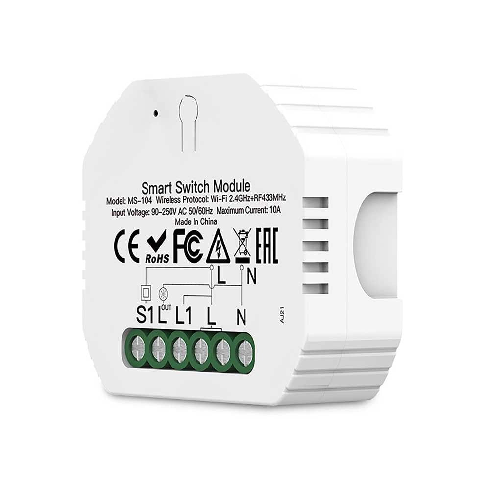 Relè Passo Passo Interruttore WiFi 2.4G + BLE + RF 433MHz, 3 in 1, 10A Bluetooth BLE Mesh, TUYA, Compatibile Smart Life, 2200W, AC 90-250V 50/60Hz, 53x48x18mm IP20 SH104