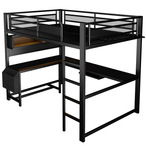 Letto a soppalco con scrivania 140x200 cm LEMONMAX, LED 7 colori, 2 prese e 2 USB, mensole, struttura in metallo, nero