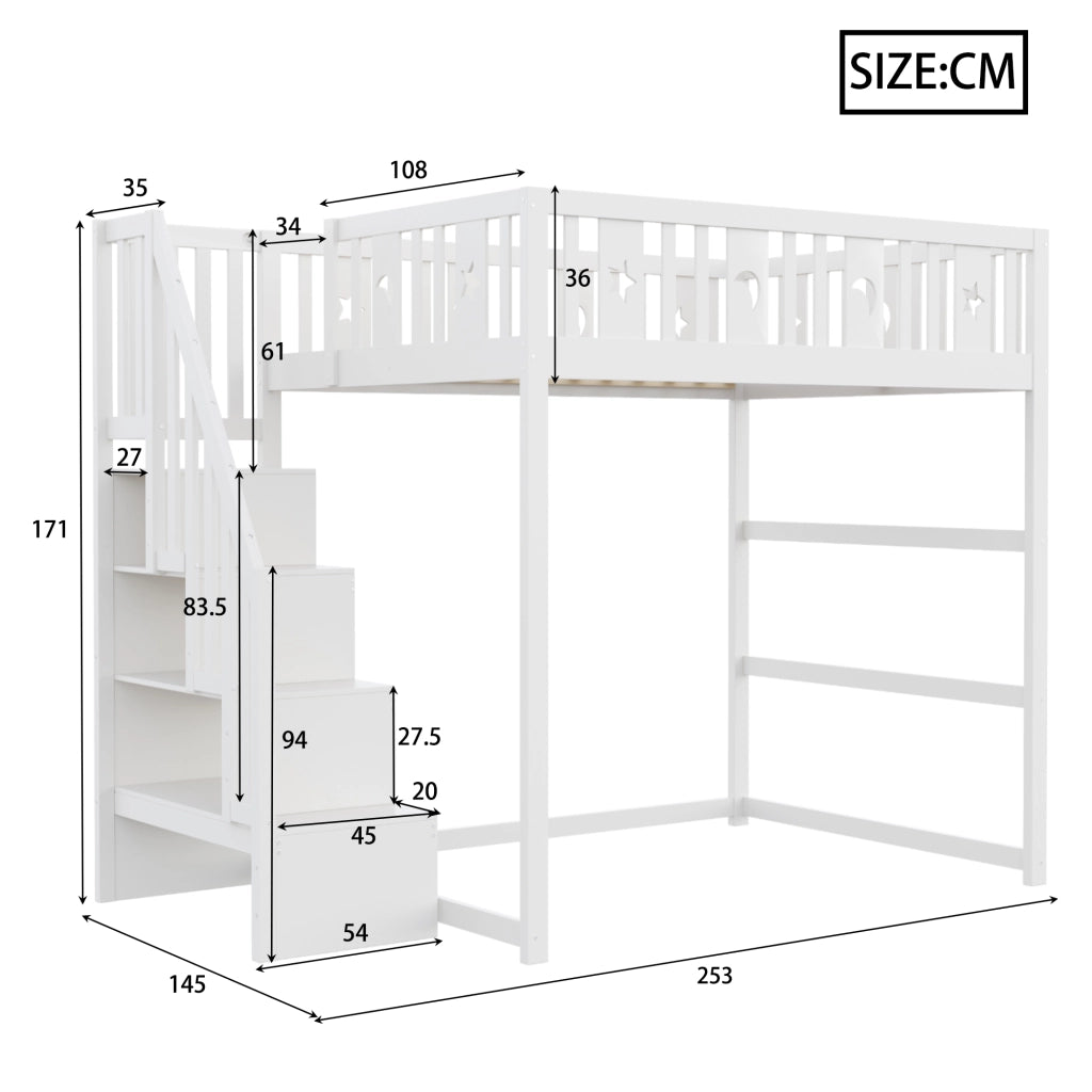 Letto a soppalco singolo 140×200 cm con scala; ripiani e barriera; senza materasso; legno massiccio; bianco