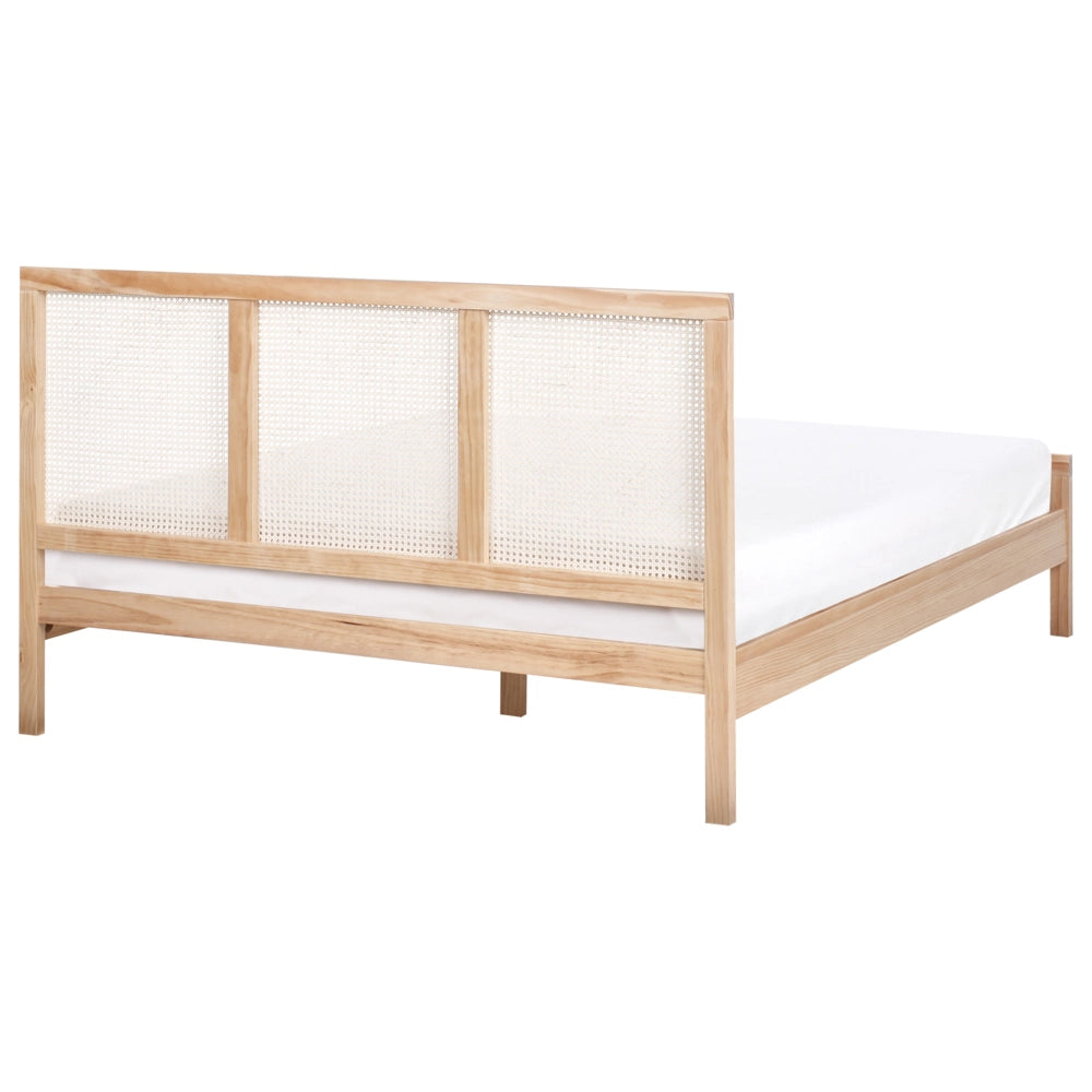 Letto in legno di pino marrone chiaro 160 x 200 cm matrimoniale con testata a treccia viennese a doghe stile rustico minimalista