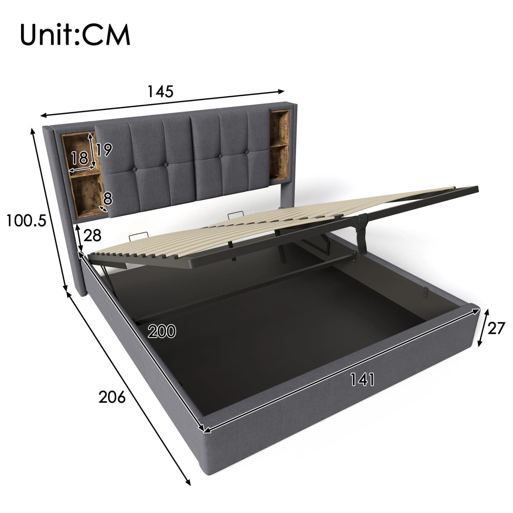 Letto imbottito 140x200 cm con ricarica wireless, USB e contenitore, grigio