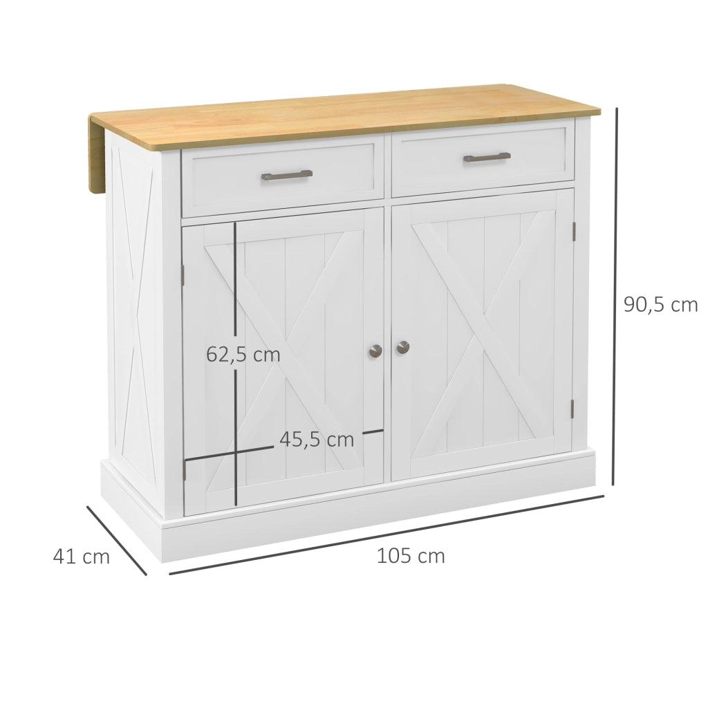 Carrello Cucina Isola con Piano Lavoro Pieghevole ¨C Xylo ¨C 2 Ante 2 Cassetti Ripiano 4 Ruote 105x60x90,5cm Bianco