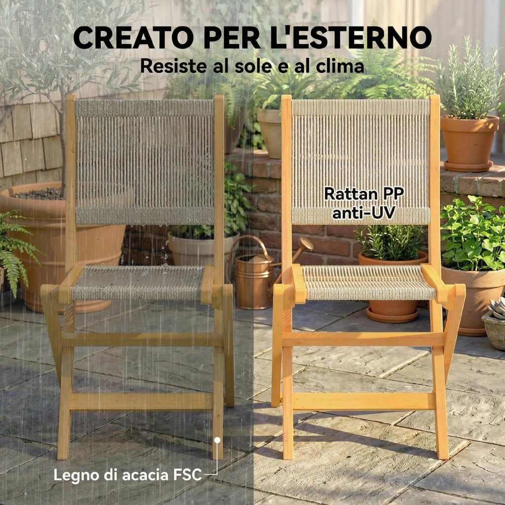 Set 2 Sedie Pieghevoli da Giardino ¨C Xylo ¨C Rattan PE e Legno Acacia Beige 160kg