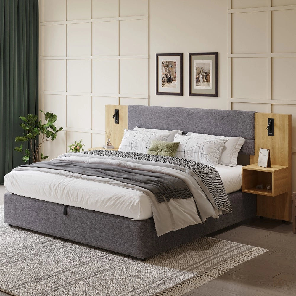 Letto Imbottito Matrimoniale con Comodini, LED e USB ¨C MINIMAL ¨C Velluto Grigio, 180x200