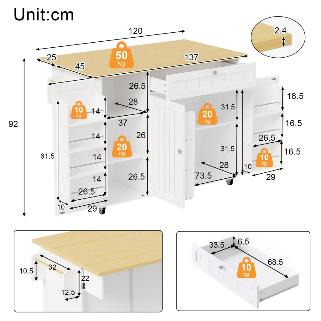 Carrello da cucina con piano ribaltabile; 1 cassetto; 3 vani; ripiani regolabili e ruote; in MDF; naturale bianco
