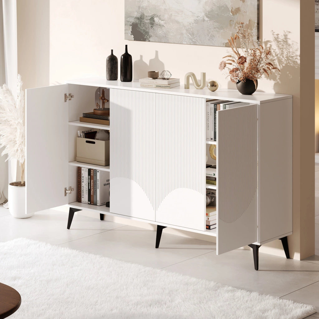Credenza moderna bianca 160 cm con 4 ante; ripiani regolabili e struttura in metallo
