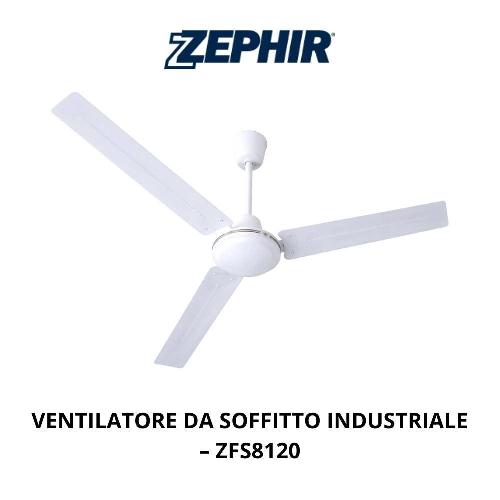 Ventilatore da soffitto industriale zephir zfs8120 70w bianco 3 pale *** diametro 120 centimetri, confezione 1