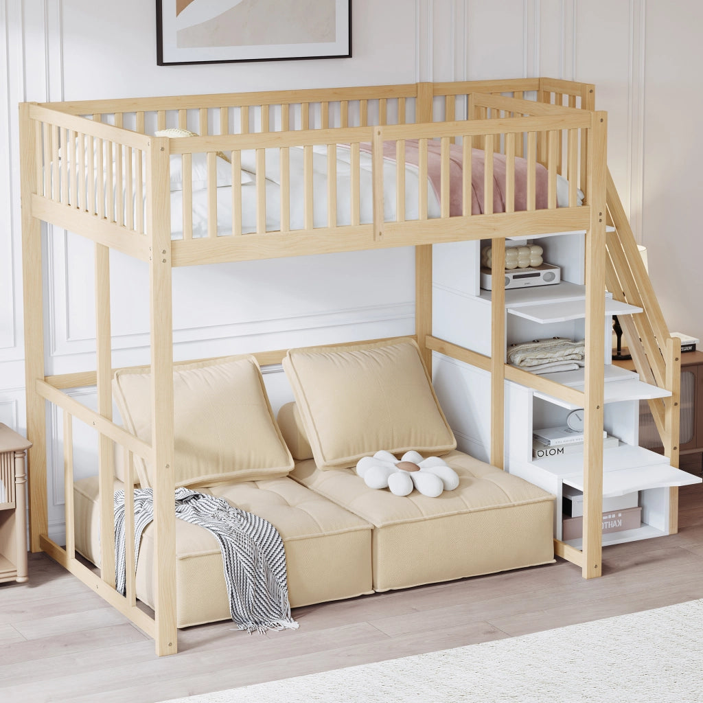 Letto a soppalco in pino massello con scala contenitore di sicurezza e recinzione; colore legno; 140x200 cm; senza materasso
