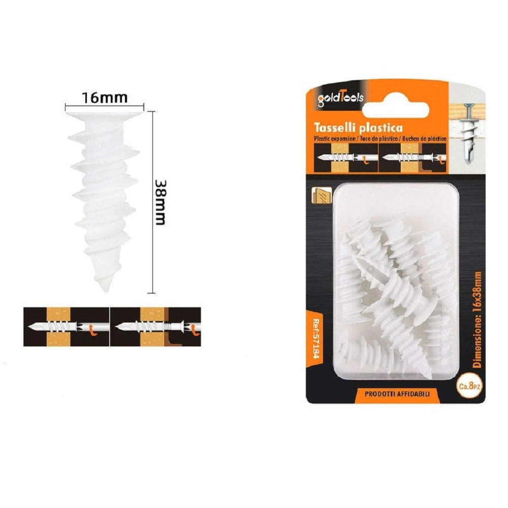 Trade Shop - Set 8 Pezzi Tasselli In Plastica Tassello Fischer Fissaggio Viti 16 X 38mm 57184 -