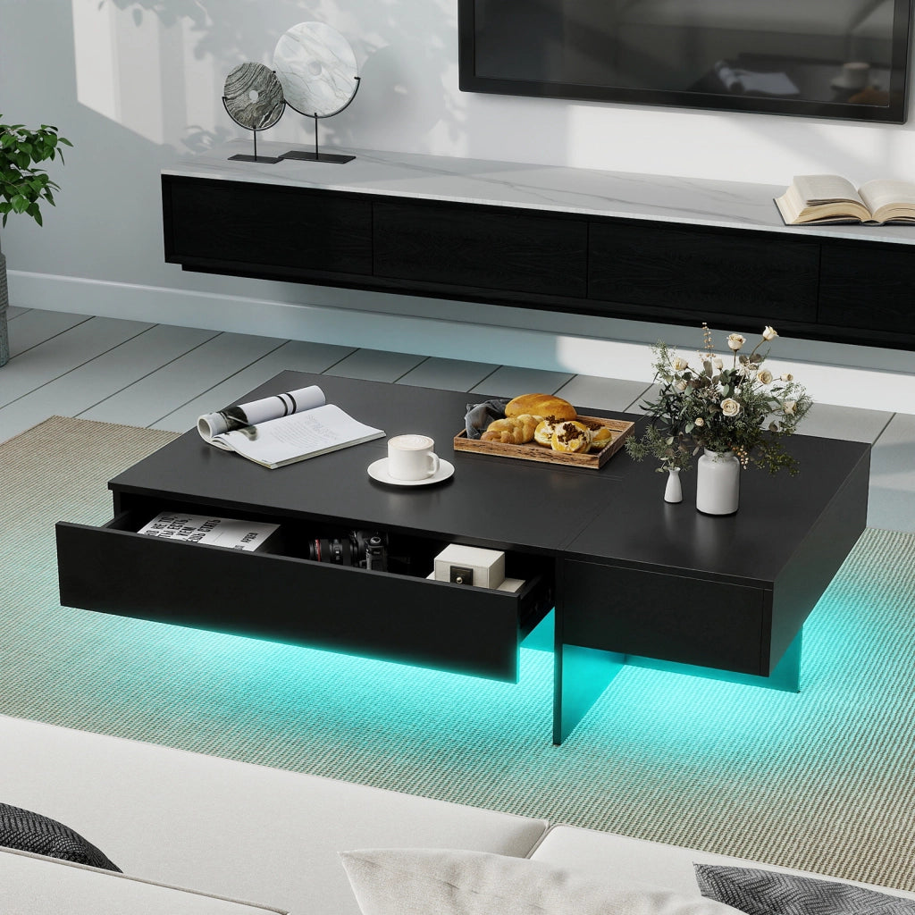 Tavolino da caff¨¨ moderno con striscia led con 3 cassetti per soggiorno, Tavolino laccato lucido 120 x 70 x 35 cm finto marmo Nero